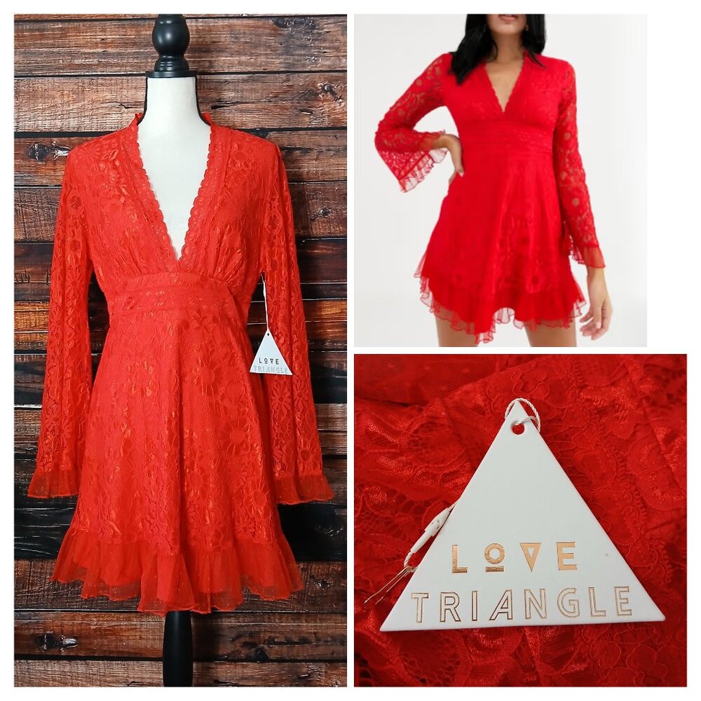 NWT Love Triangle Dress 14 Red Lace Plunge Front Skater Flared Sleeve